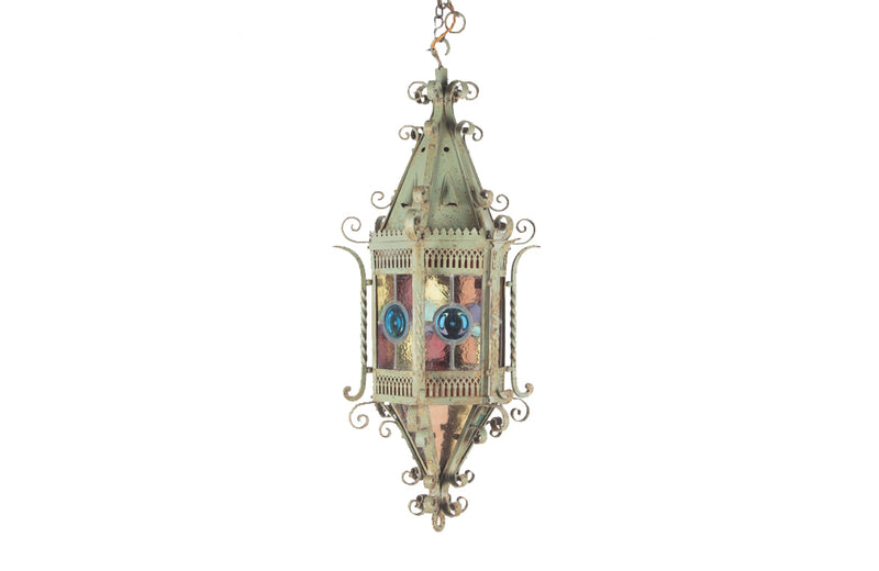 19th century iron lantern in the Neo-Gothic style with wonderful scrolled and pierced decoration and fretwork.