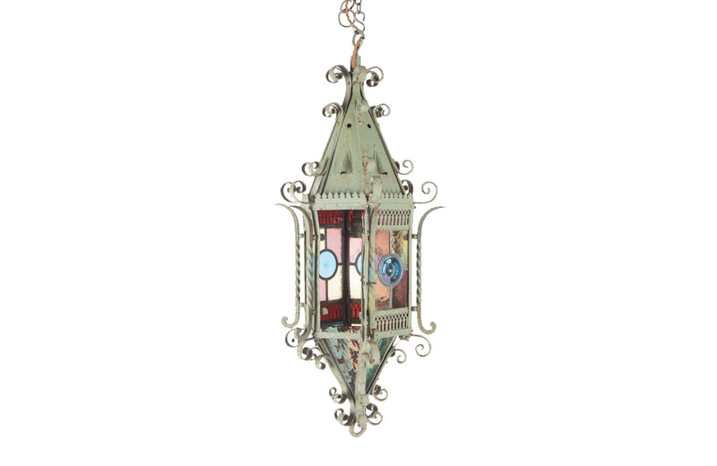 19th century iron lantern in the Neo-Gothic style with wonderful scrolled and pierced decoration and fretwork.