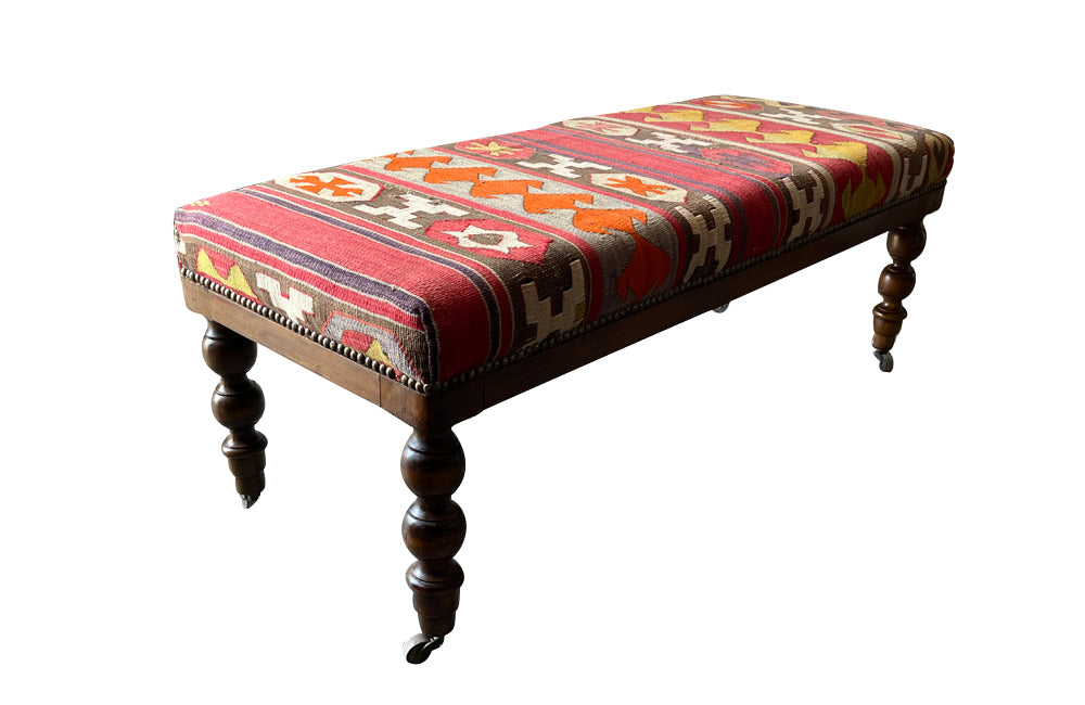 Antique french kilim upholstered banquette bench - Antique Bench