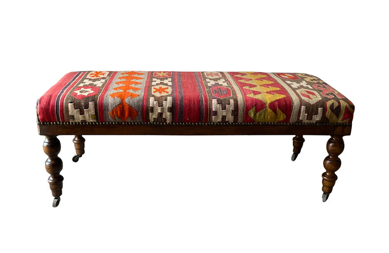 Antique french kilim upholstered banquette bench - Antique Bench