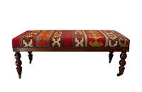 Antique french kilim upholstered banquette bench - Antique Bench