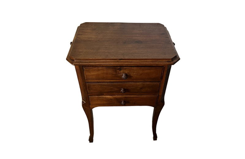 Antique French walnut side table with three drawers and pull out slides to each side - Antique Side Table