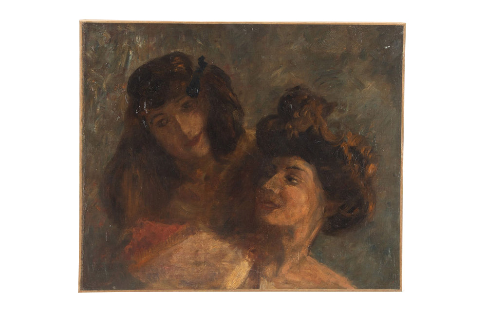 Delightful oil on canvas painting of two smiling female figures, one with her hair in the Pompadour or Gibson Girl Style of the period circa 1900