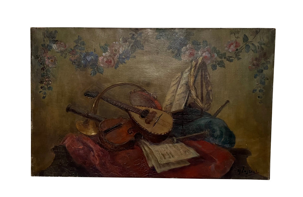 19th century Neoclassical style music themed still life oil on canvas painting depicting music sheets and instruments beneath a garland of roses.