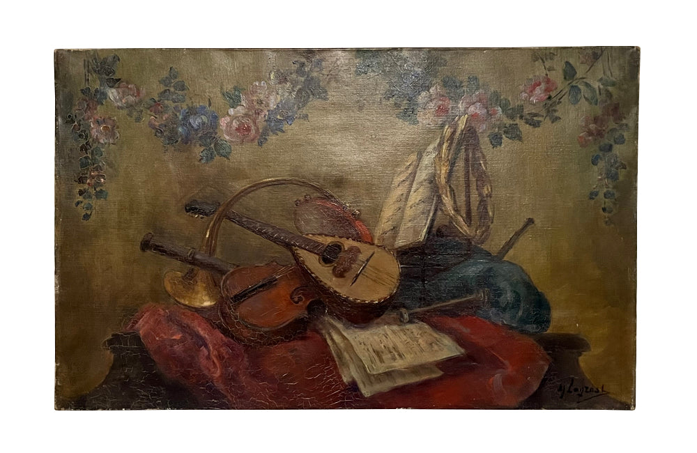 19th century Neoclassical style music themed still life oil on canvas painting depicting music sheets and instruments beneath a garland of roses.