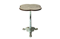 Antique bistro table with quatrefoil clover shaped marble top and enamelled iron base. French. foundry stamps to feet of Charlionais Pourailly & Cie