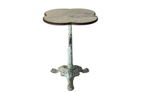 Antique bistro table with quatrefoil clover shaped marble top and enamelled iron base. French. foundry stamps to feet of Charlionais Pourailly & Cie