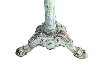 Antique bistro table with quatrefoil clover shaped marble top and enamelled iron base. French. foundry stamps to feet of Charlionais Pourailly & Cie
