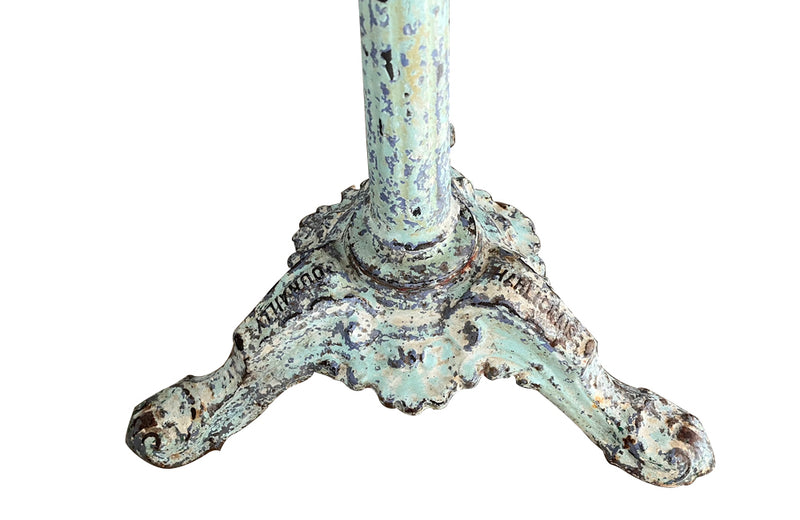 Antique bistro table with quatrefoil clover shaped marble top and enamelled iron base. French. foundry stamps to feet of Charlionais Pourailly & Cie
