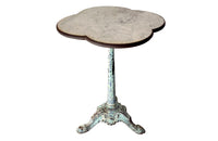 Antique bistro table with quatrefoil clover shaped marble top and enamelled iron base. French. foundry stamps to feet of Charlionais Pourailly & Cie