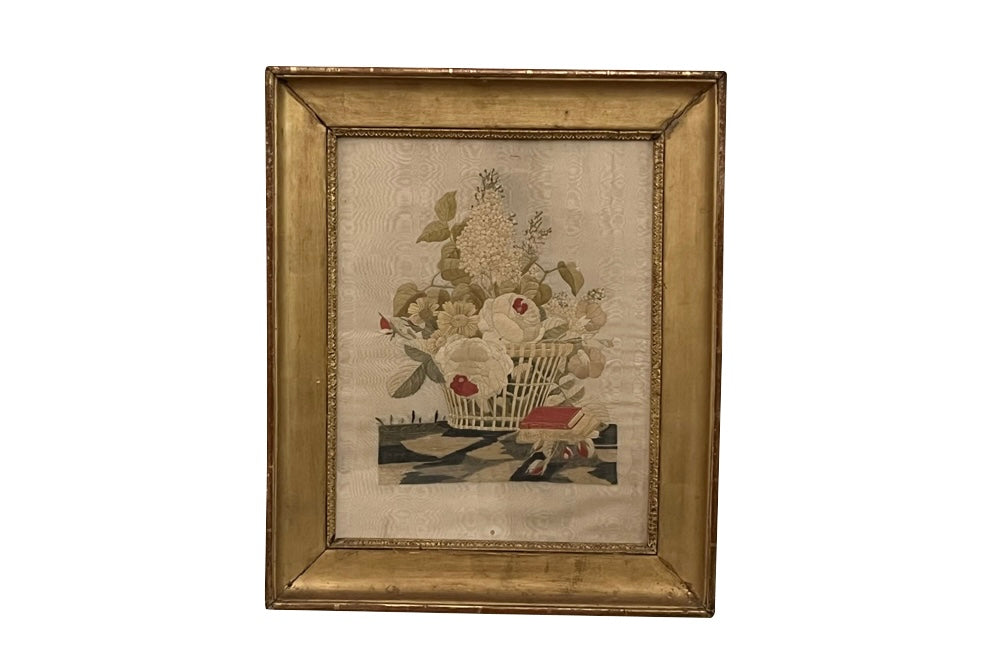 Antique silkwork still life, framed, French, 19th Century. French Antiques