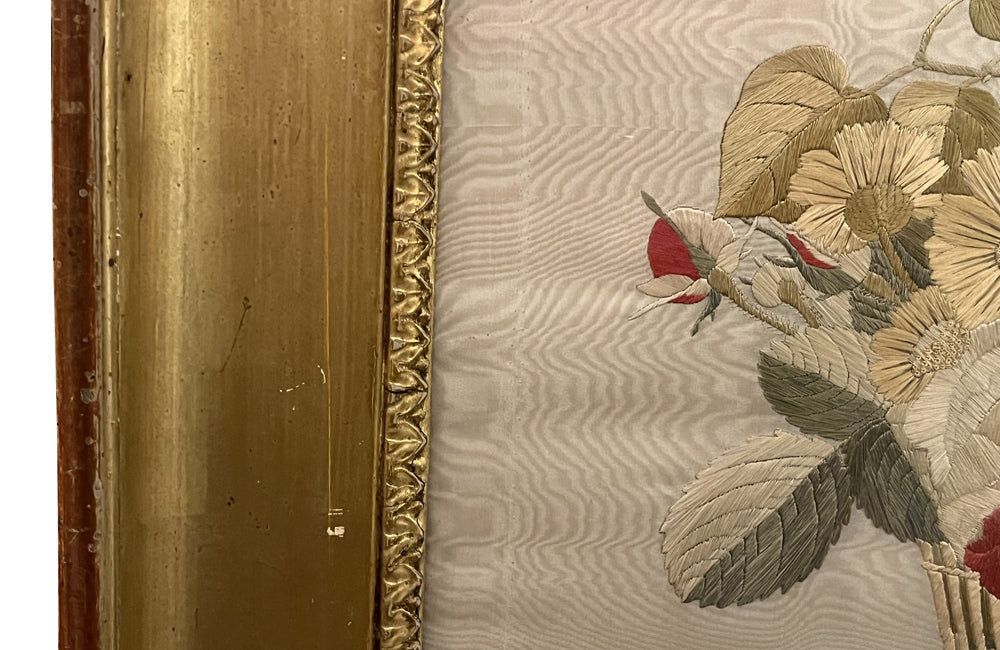 Antique silkwork still life, framed, French, 19th Century. French Antiques