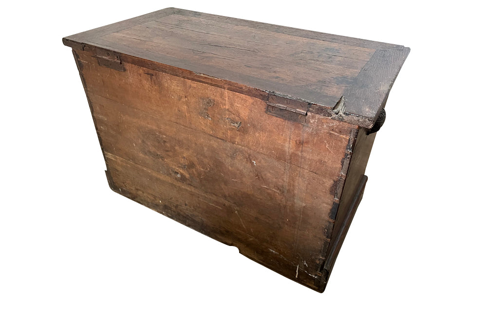Charming 19th Century French lidded oak trunk with heart motif.