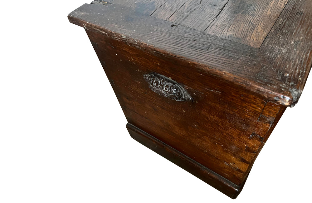 Charming 19th Century French lidded oak trunk with heart motif.