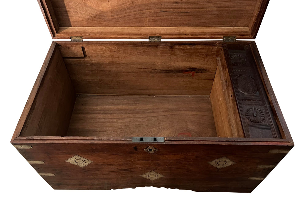 19th Century Anglo-Indian teak lidded trunk with brass ornamentation.