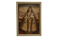 Charming 19th Century Cusco School&nbsp;oil of canvas painting of a Madonna and child standing with two vases of flowers at her feet.