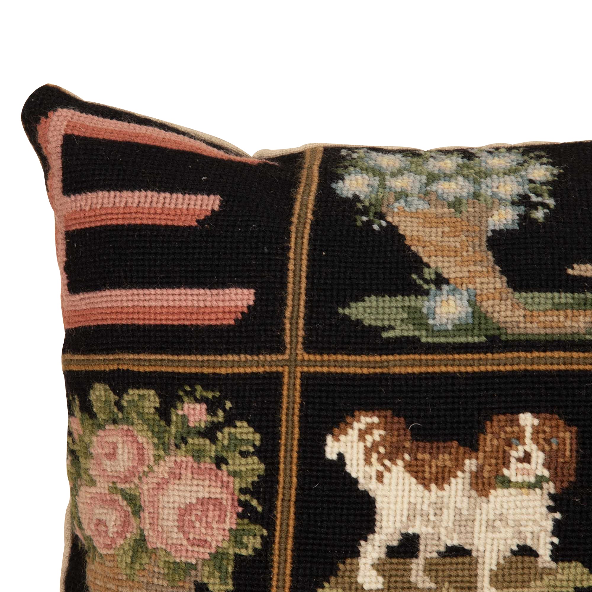 A finely worked 19th Century French needlepoint monogram pillow with King Charles spaniel motif.