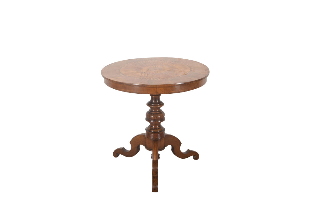 Elegant 19th century Italian walnut parquetry centre table on decorative tripod base.