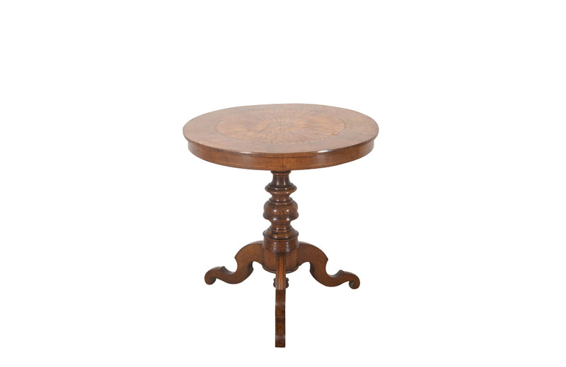 Elegant 19th century Italian walnut parquetry centre table on decorative tripod base.