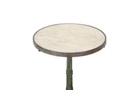 Beautiful, 19th century round bistro table with decorative iron base and marble top with brass surround.