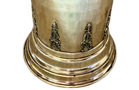 19th century brass umbrella or stick stand with lion head and bar handles and neo-classical style ornamentation.