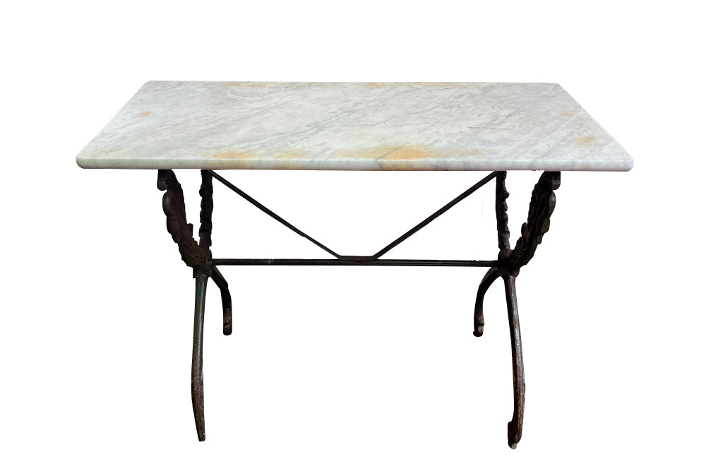French bistro garden table with stunning cast iron swan design base with lovely green patination to base and old marble top circa 1900