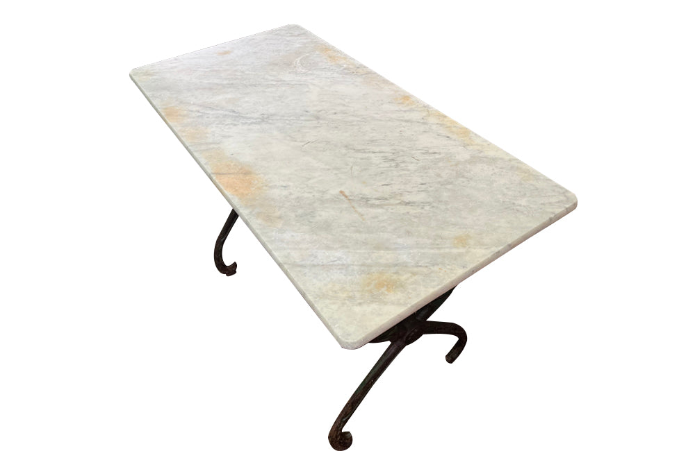 French bistro garden table with stunning cast iron swan design base with lovely green patination to base and old marble top circa 1900