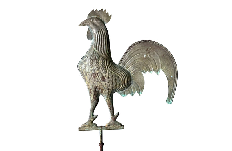 Charming, full-bodied vintage copper weather cock presented on a 19th century iron stand.