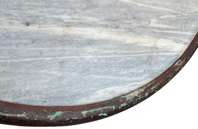 19th Century French enamelled bistro table with round grey marble top with brass surround