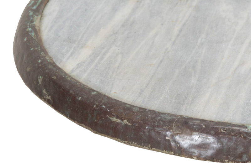 19th Century French enamelled bistro table with round grey marble top with brass surround