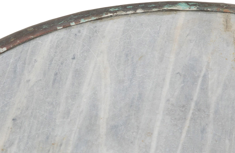 19th Century French enamelled bistro table with round grey marble top with brass surround