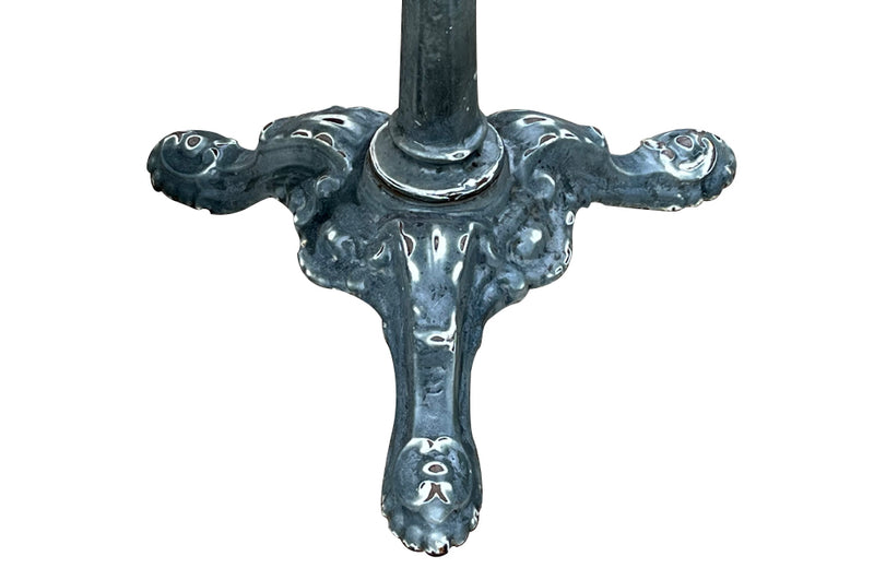 19th Century French enamelled bistro table with round grey marble top with brass surround