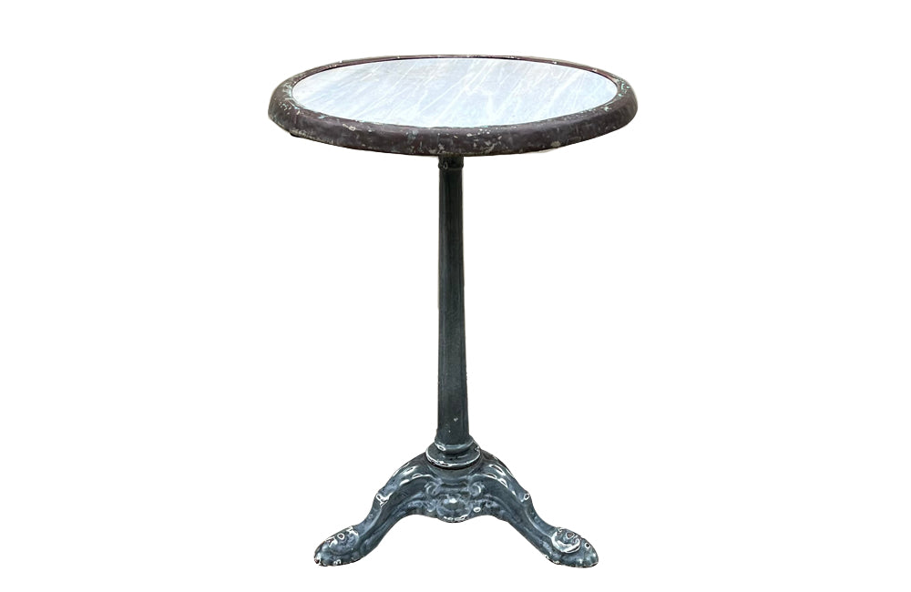 19th Century French enamelled bistro table with round grey marble top with brass surround