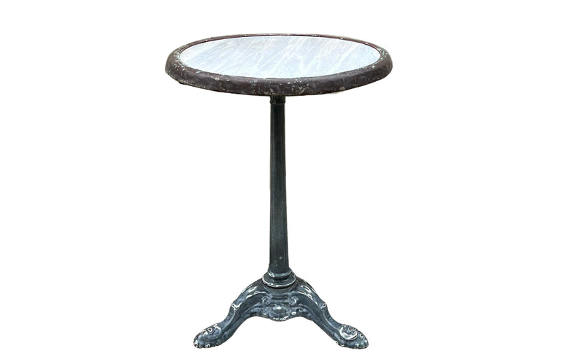 19th Century French enamelled bistro table with round grey marble top with brass surround