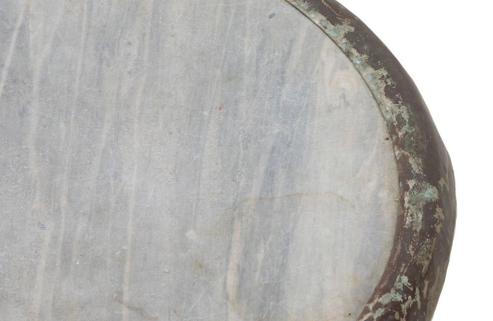 19th Century French enamelled bistro table with round grey marble top with brass surround