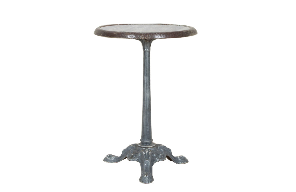 19th Century French enamelled bistro table with round grey marble top with brass surround