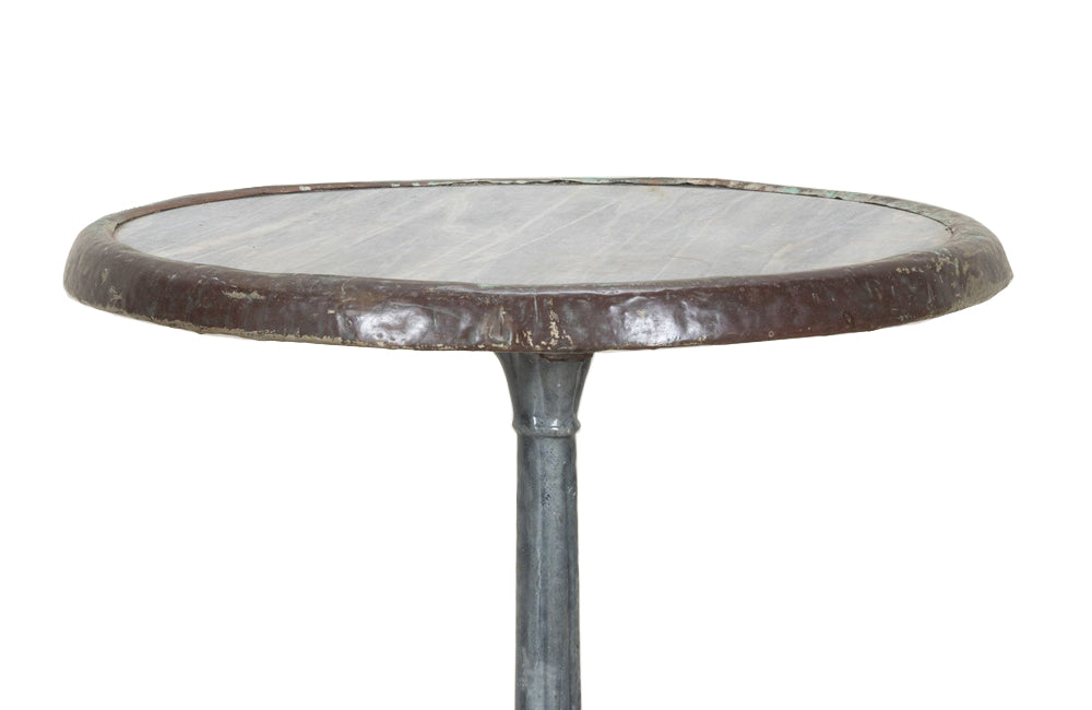 19th Century French enamelled bistro table with round grey marble top with brass surround
