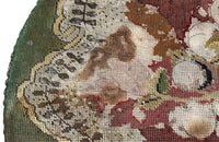 Charming 19th century faux bamboo occasional table with worn tapestry fabric top and decorative fringed surround.