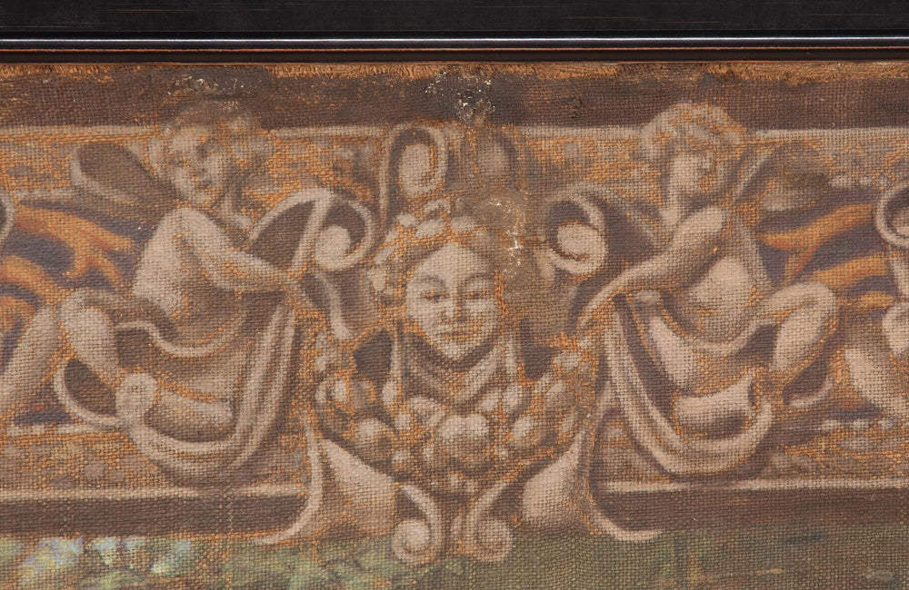 Beautiful, late 19th/early 20th century fabric French teinture panel depicting Four Nymphs and a Satyr