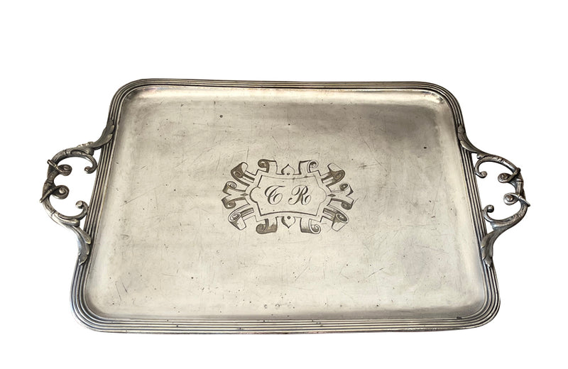 Large 19th Century French silverplate serving tray with engraved central monogram and two handles.