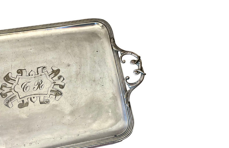 Large 19th Century French silverplate serving tray with engraved central monogram and two handles.