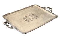 Large 19th Century French silverplate serving tray with engraved central monogram and two handles.