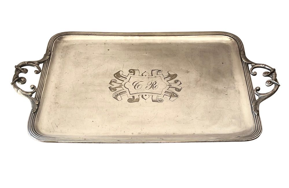 Large 19th Century French silverplate serving tray with engraved central monogram and two handles.