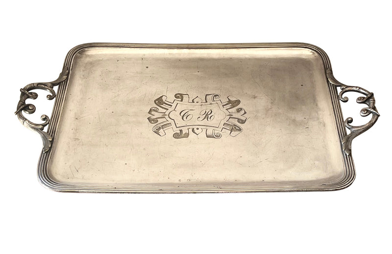Large 19th Century French silverplate serving tray with engraved central monogram and two handles.