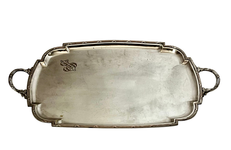 Beautiful, large, late 19th Century French shaped silver plate serving tray with monogram to top left corner.