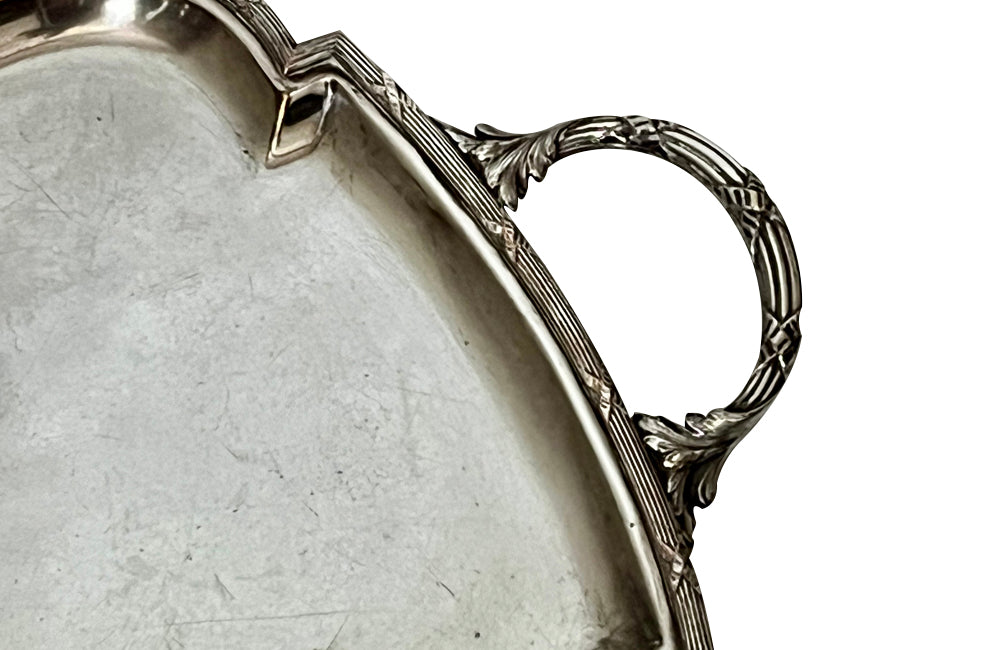 Beautiful, large, late 19th Century French shaped silver plate serving tray with monogram to top left corner.