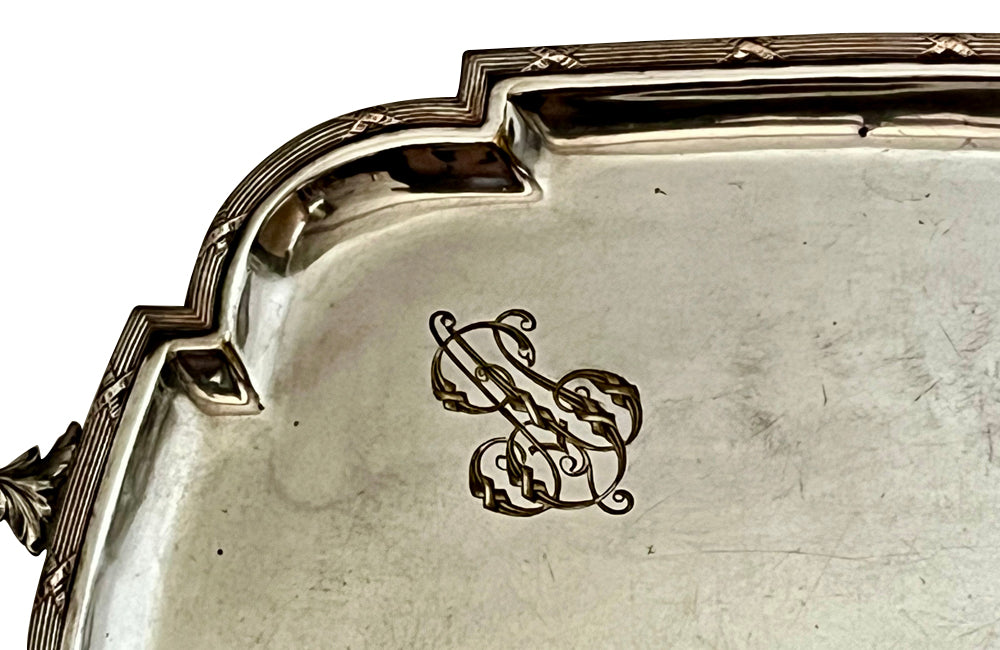 Beautiful, large, late 19th Century French shaped silver plate serving tray with monogram to top left corner.