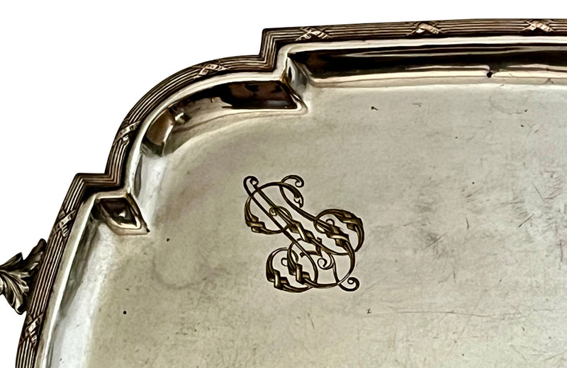 Beautiful, large, late 19th Century French shaped silver plate serving tray with monogram to top left corner.