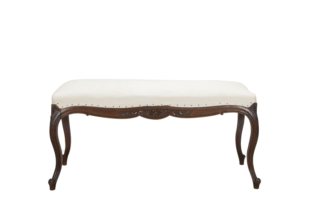 Antique bench or banquette 19th Century French walnut in the Louis XV style. French antique furniture.