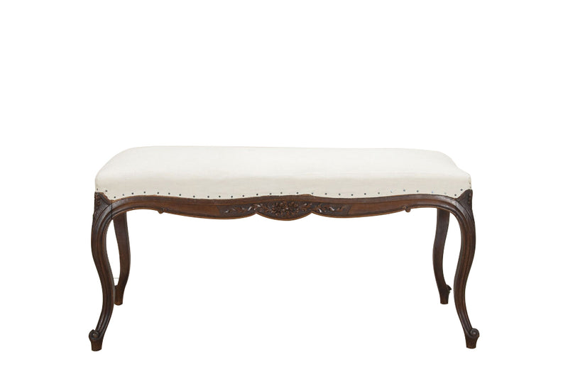 Antique bench or banquette 19th Century French walnut in the Louis XV style. French antique furniture.